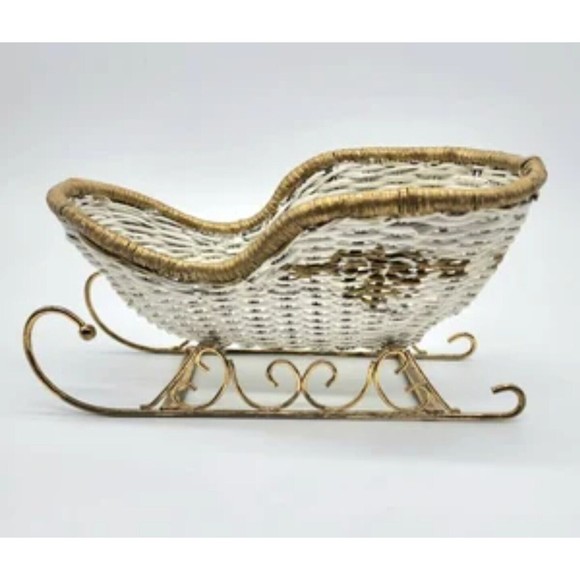 Vintage FTD Rattan Wicker  Christmas Sleigh Holiday Decor Planter Sled 10"x5" - Picture 3 of 5
